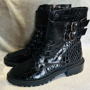 Vince Camuto Women's Black Combat Boots Size 6.5 Double Buckle Lace-Up NWOB